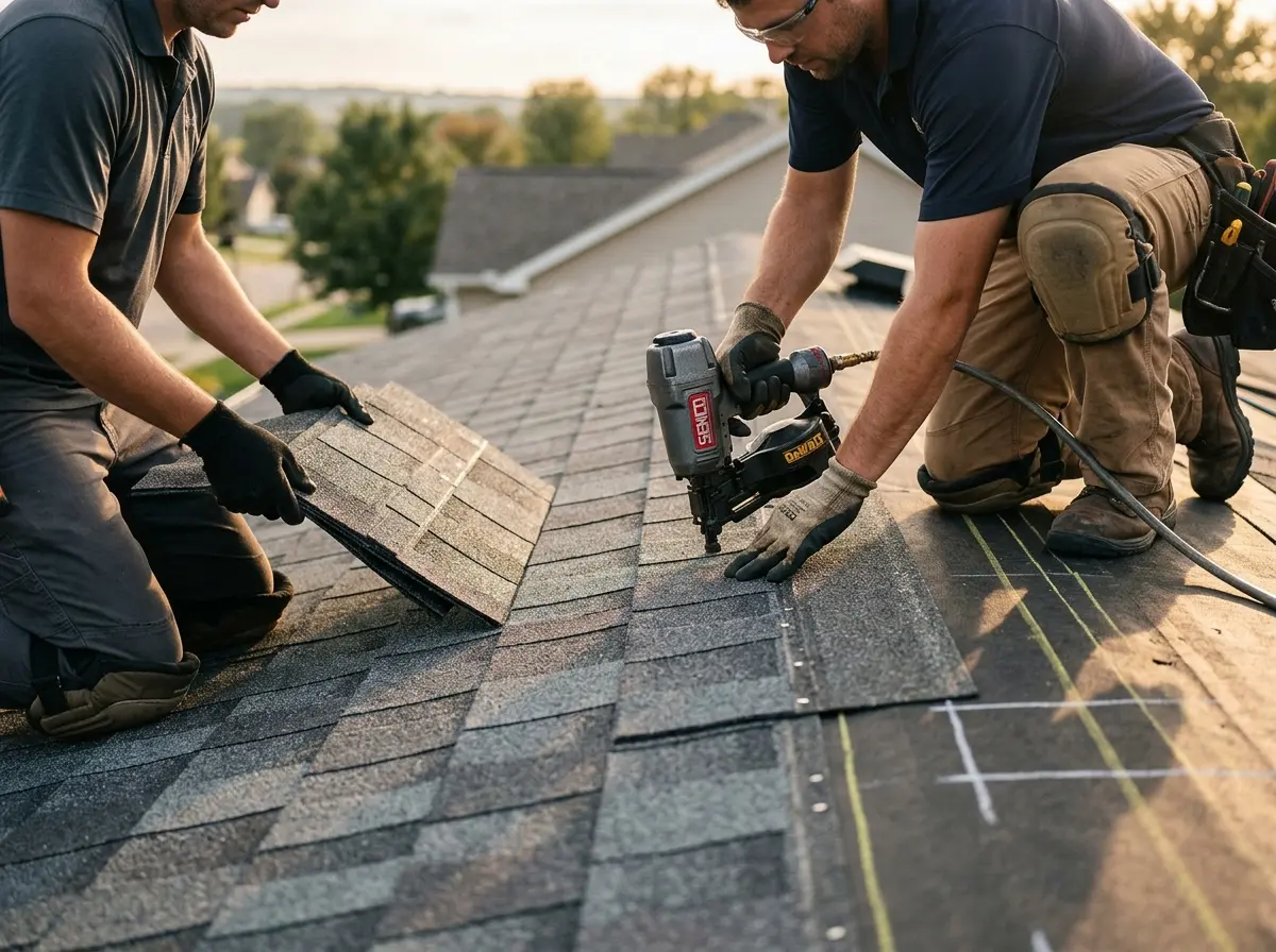 Professional roofer working on a residential roof in McComb